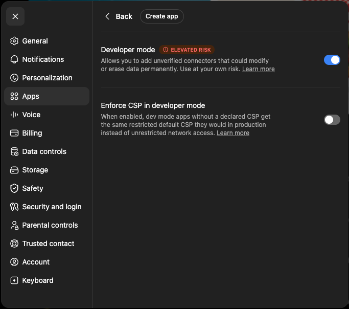 ChatGPT Settings → Apps → Advanced settings, with Developer mode toggled on and badged “Elevated risk”
