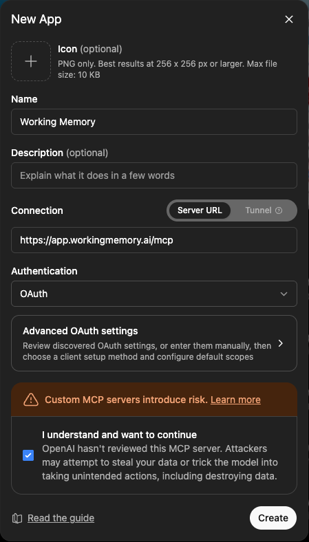 The ChatGPT “New App” form filled in: Name “Working Memory”, Server URL https://app.workingmemory.ai/mcp, Authentication set to OAuth, and the “I understand and want to continue” risk box ticked