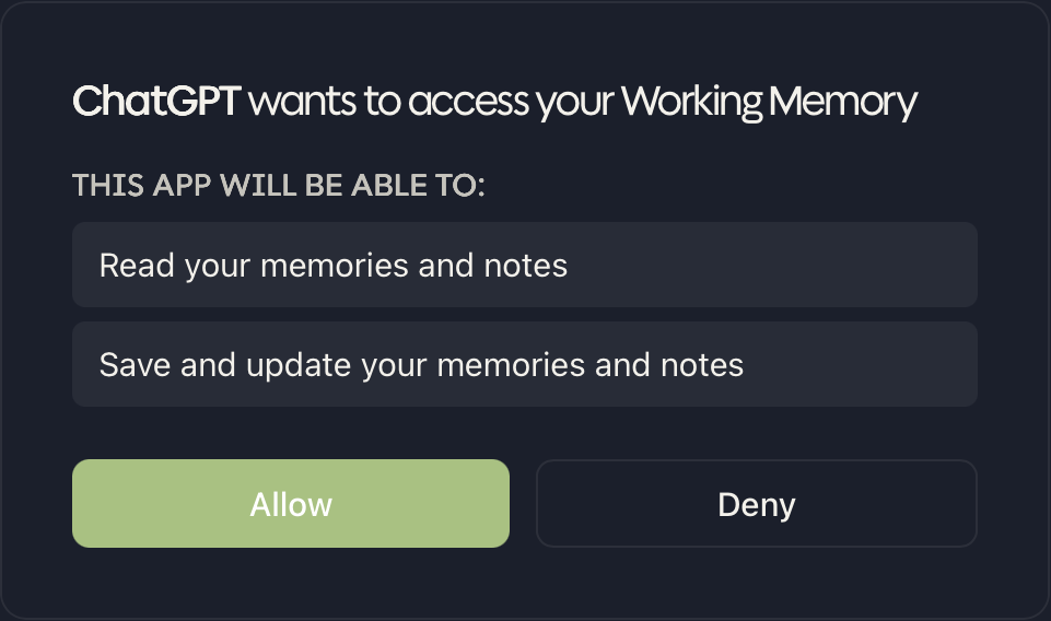 The Working Memory OAuth consent screen: “ChatGPT wants to access your Working Memory,” listing read and save/update permissions, with the Allow button