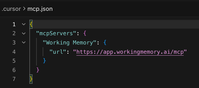 Cursor’s mcp.json editor with the Working Memory server block pasted in, the “Working Memory” key pointing at https://app.workingmemory.ai/mcp