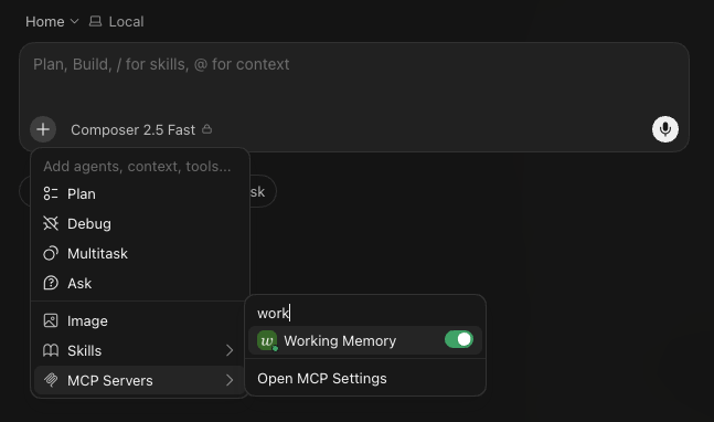 Working Memory listed under MCP Servers in Cursor’s + menu on a new chat, with its toggle switched on