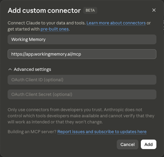 Claude Desktop’s “Add custom connector” dialog filled in with the name “Working Memory” and the URL https://app.workingmemory.ai/mcp